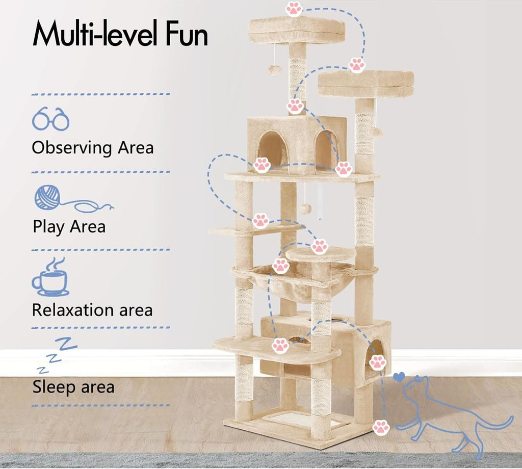 180cm Cat Tree Tower for Indoor Cats with Plush Perches, Dual Condos, Natural Sisal Scratching Posts & Ramps for Kittens & Adult Cats (Beige)-2050057518767542276