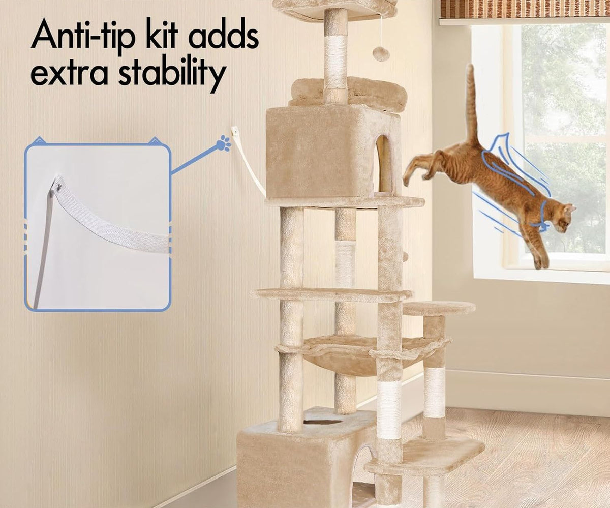 180cm Cat Tree Tower for Indoor Cats with Plush Perches, Dual Condos, Natural Sisal Scratching Posts & Ramps for Kittens & Adult Cats (Beige)-2050057518767542277