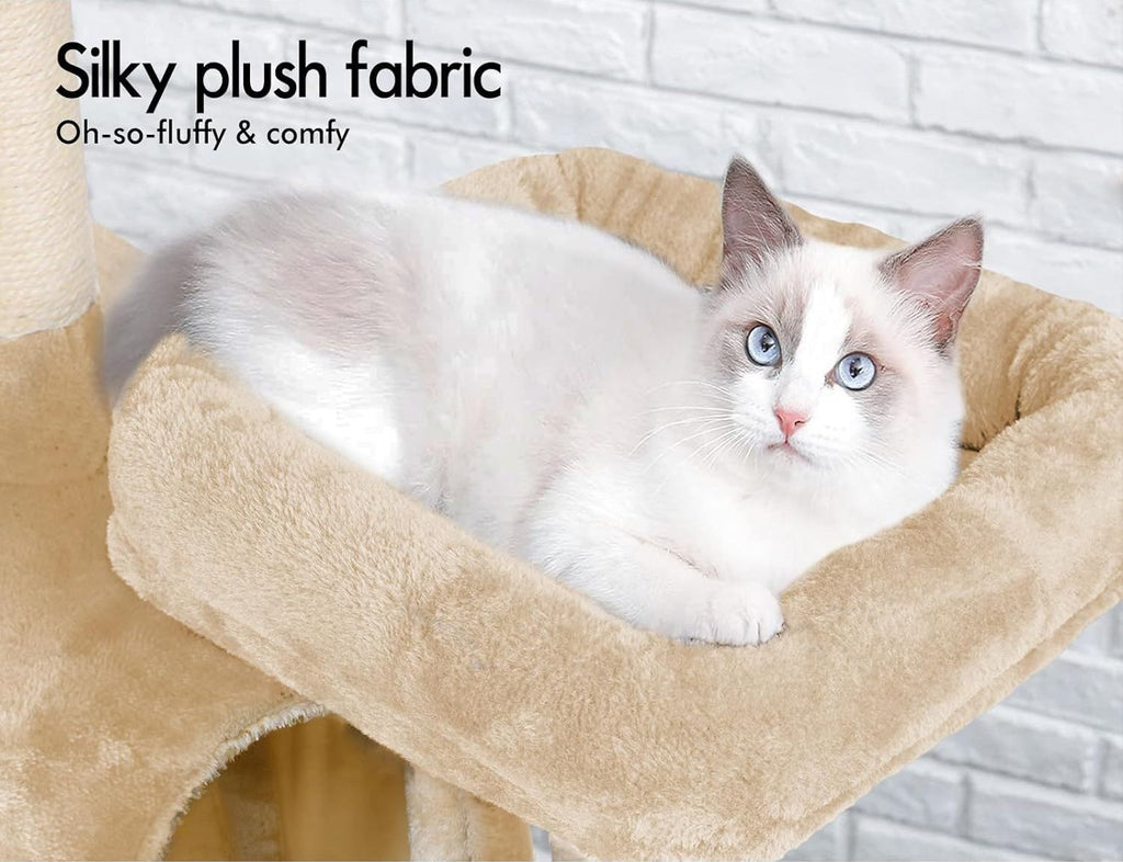 180cm Cat Tree Tower for Indoor Cats with Plush Perches, Dual Condos, Natural Sisal Scratching Posts & Ramps for Kittens & Adult Cats (Beige)-2050057518767542278