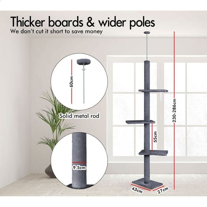 Floor to Ceiling Cat Tree Tower with Adjustable Height 230-286cm for Indoor Cats (Grey)-2050057518977257474