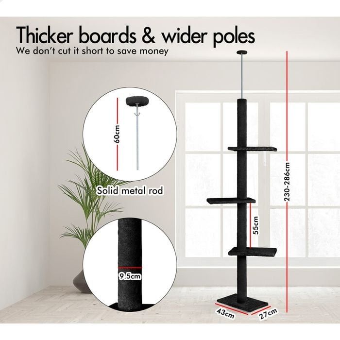 Floor to Ceiling Cat Tree Tower with Adjustable Height 230-286cm for Indoor Cats (Black)-2050057519186972674