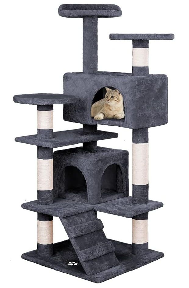 180cm Cat Tree Tower for Indoor Cats with Plush Perches, Dual Condos, Natural Sisal Scratching Posts & Ramp for Kittens & Adult Cats (Dark Grey)-2050057519396687872