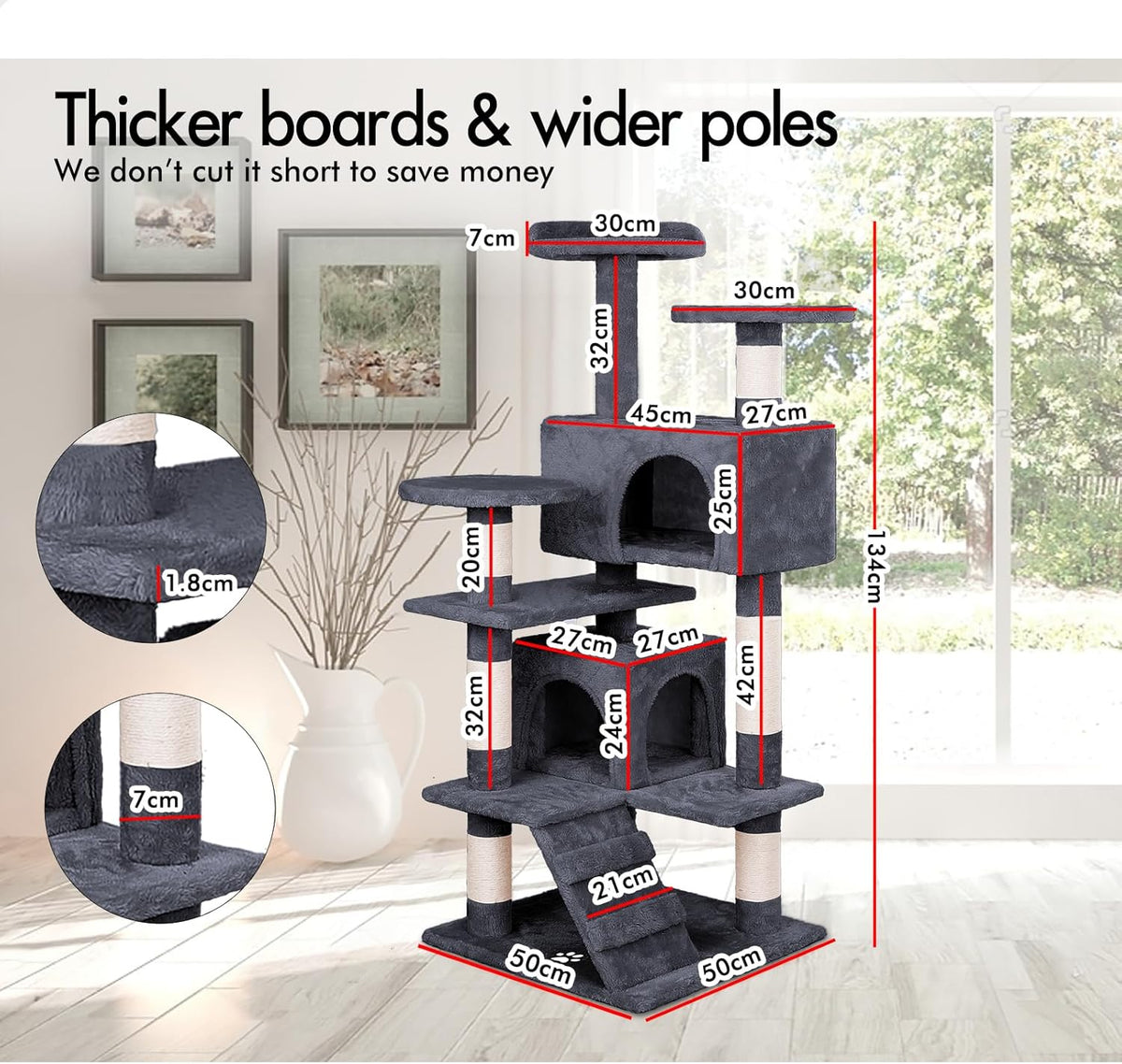 180cm Cat Tree Tower for Indoor Cats with Plush Perches, Dual Condos, Natural Sisal Scratching Posts & Ramp for Kittens & Adult Cats (Dark Grey)-2050057519396687874