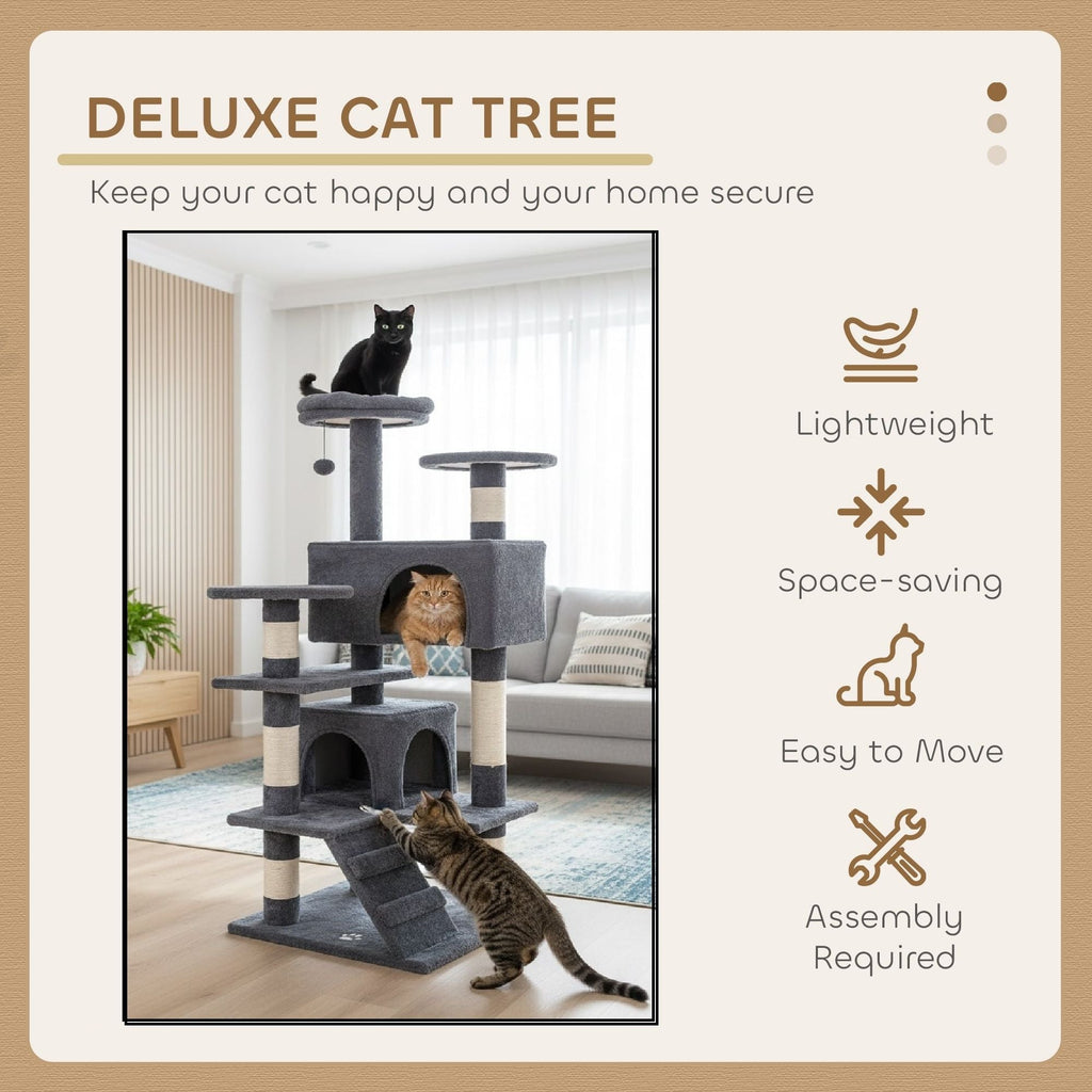 180cm Cat Tree Tower for Indoor Cats with Plush Perches, Dual Condos, Natural Sisal Scratching Posts & Ramp for Kittens & Adult Cats (Dark Grey)-2050057519396687875