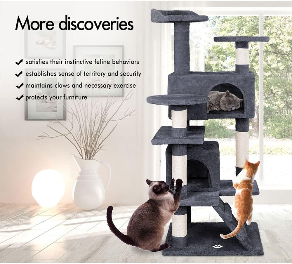 180cm Cat Tree Tower for Indoor Cats with Plush Perches, Dual Condos, Natural Sisal Scratching Posts & Ramp for Kittens & Adult Cats (Dark Grey)-2050057519396687876