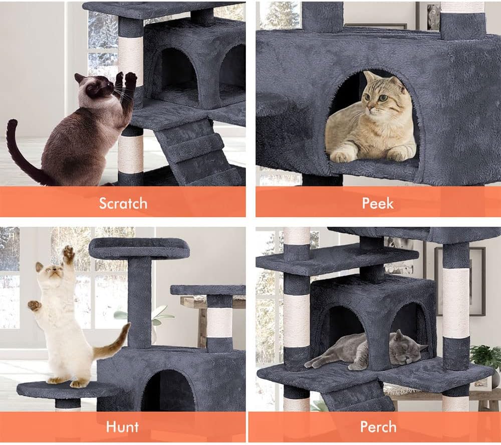 180cm Cat Tree Tower for Indoor Cats with Plush Perches, Dual Condos, Natural Sisal Scratching Posts & Ramp for Kittens & Adult Cats (Dark Grey)-2050057519396687877