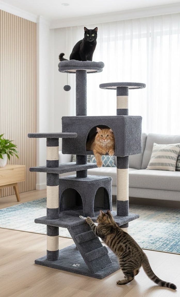 180cm Cat Tree Tower for Indoor Cats with Plush Perches, Dual Condos, Natural Sisal Scratching Posts & Ramp for Kittens & Adult Cats (Dark Grey)-2050057519396687880