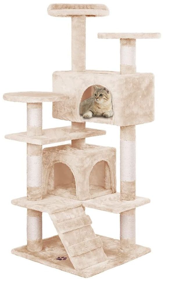 180cm Cat Tree Tower for Indoor Cats with Plush Perches, Dual Condos, Natural Sisal Scratching Posts & Ramp for Kittens & Adult Cats (Beige)-2050057519598014464