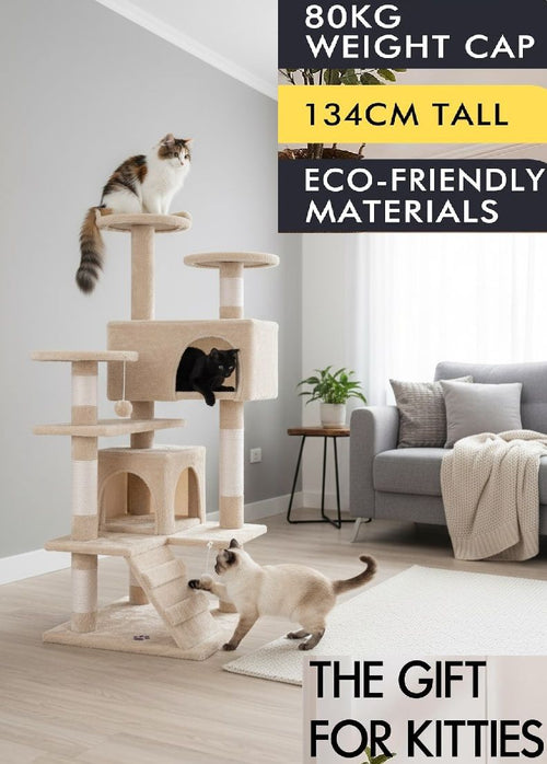 180cm Cat Tree Tower for Indoor Cats with Plush Perches, Dual Condos, Natural Sisal Scratching Posts & Ramp for Kittens & Adult Cats (Beige)-2050057519598014465