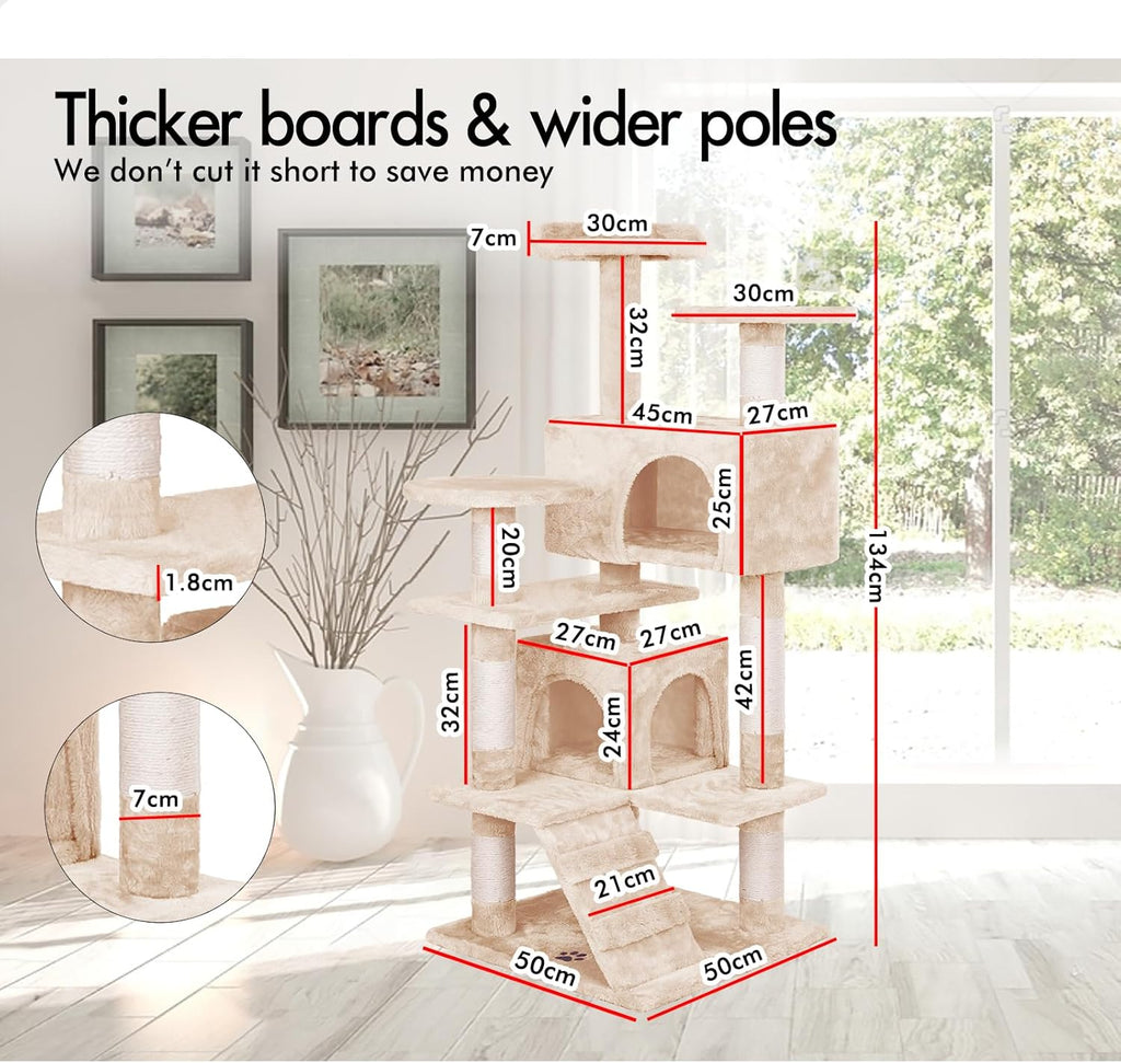 180cm Cat Tree Tower for Indoor Cats with Plush Perches, Dual Condos, Natural Sisal Scratching Posts & Ramp for Kittens & Adult Cats (Beige)-2050057519598014466