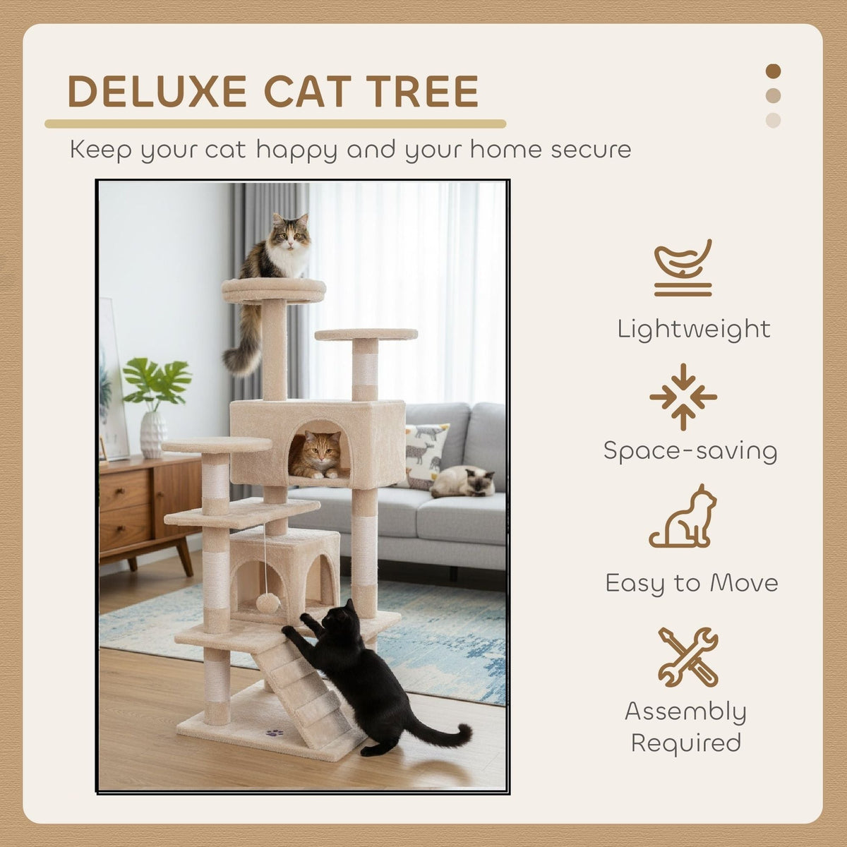 180cm Cat Tree Tower for Indoor Cats with Plush Perches, Dual Condos, Natural Sisal Scratching Posts & Ramp for Kittens & Adult Cats (Beige)-2050057519598014467