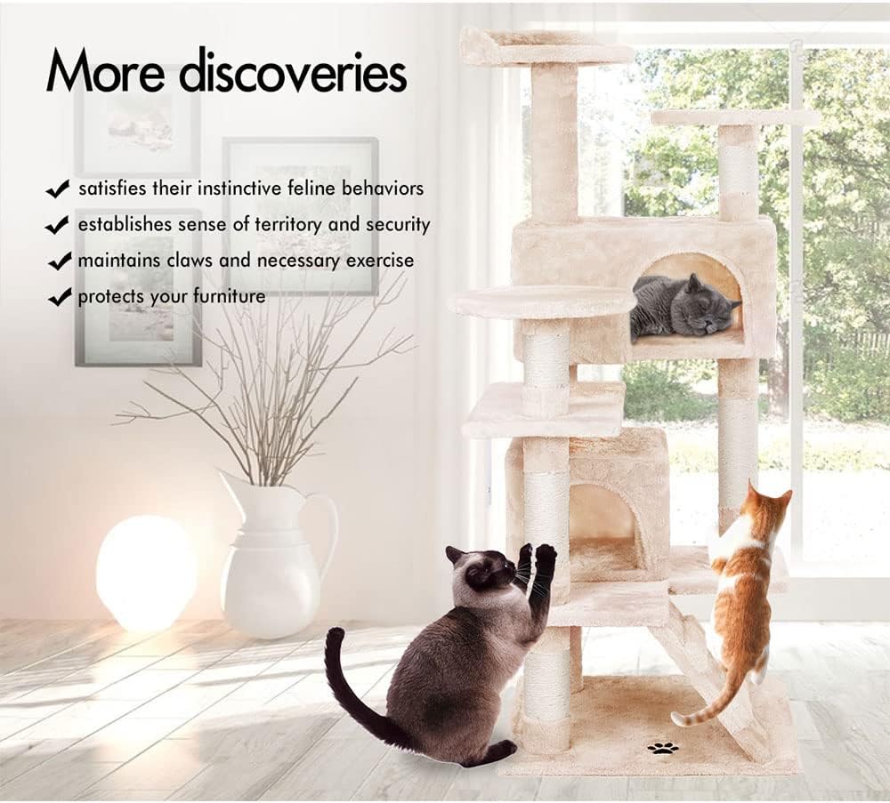 180cm Cat Tree Tower for Indoor Cats with Plush Perches, Dual Condos, Natural Sisal Scratching Posts & Ramp for Kittens & Adult Cats (Beige)-2050057519598014468