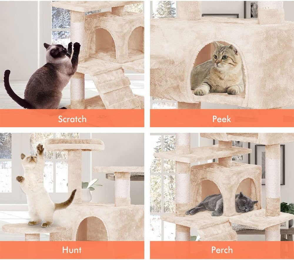 180cm Cat Tree Tower for Indoor Cats with Plush Perches, Dual Condos, Natural Sisal Scratching Posts & Ramp for Kittens & Adult Cats (Beige)-2050057519598014469