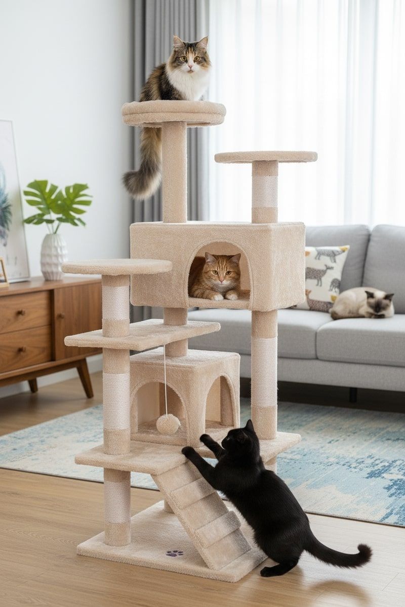 180cm Cat Tree Tower for Indoor Cats with Plush Perches, Dual Condos, Natural Sisal Scratching Posts & Ramp for Kittens & Adult Cats (Beige)-2050057519598014472