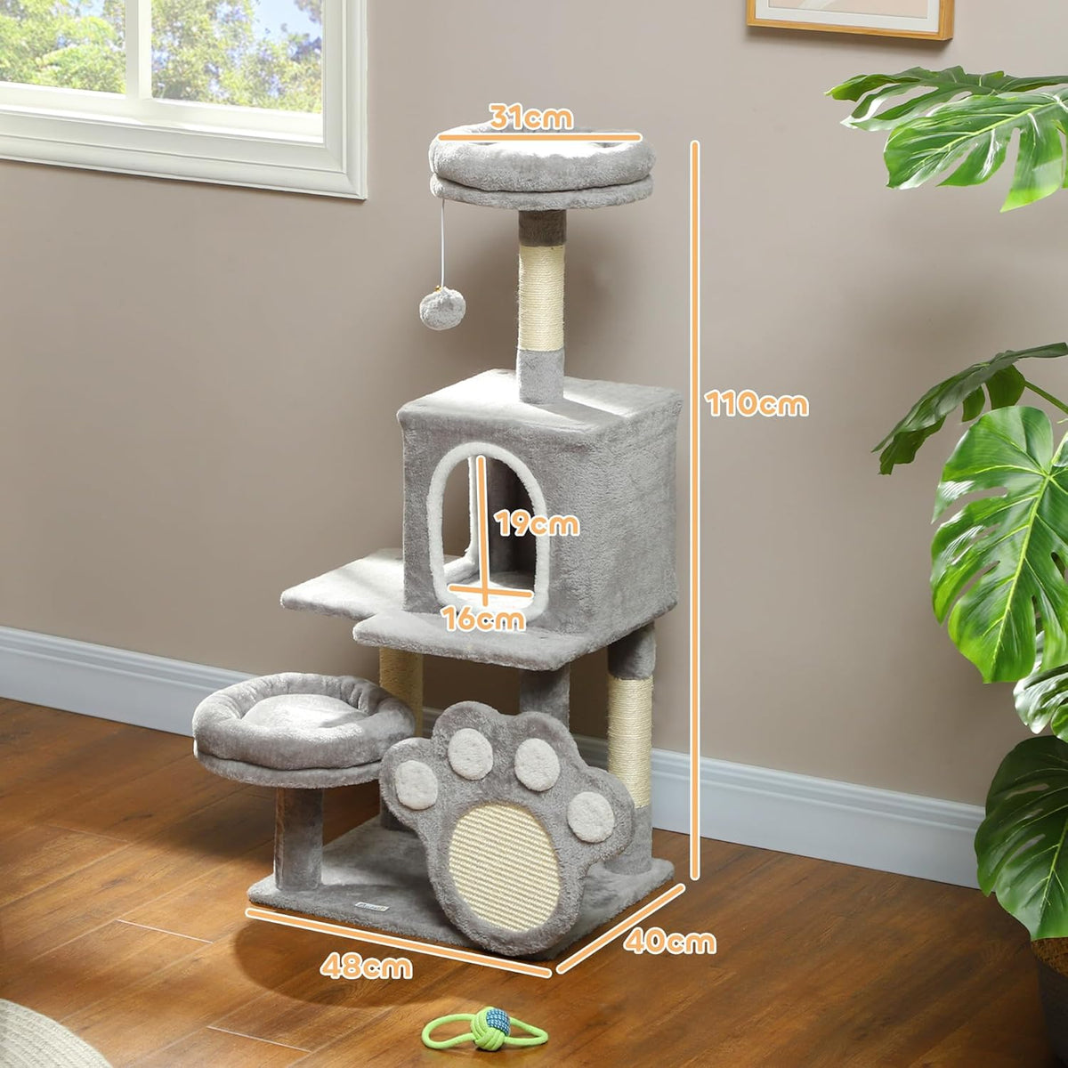 Large Cat Tree Tower for Indoor Cats with Plush Perch, Cat Condo, Natural Sisal Scratching Posts, Hanging Ball & Paw Scratcher-2050057520038416386