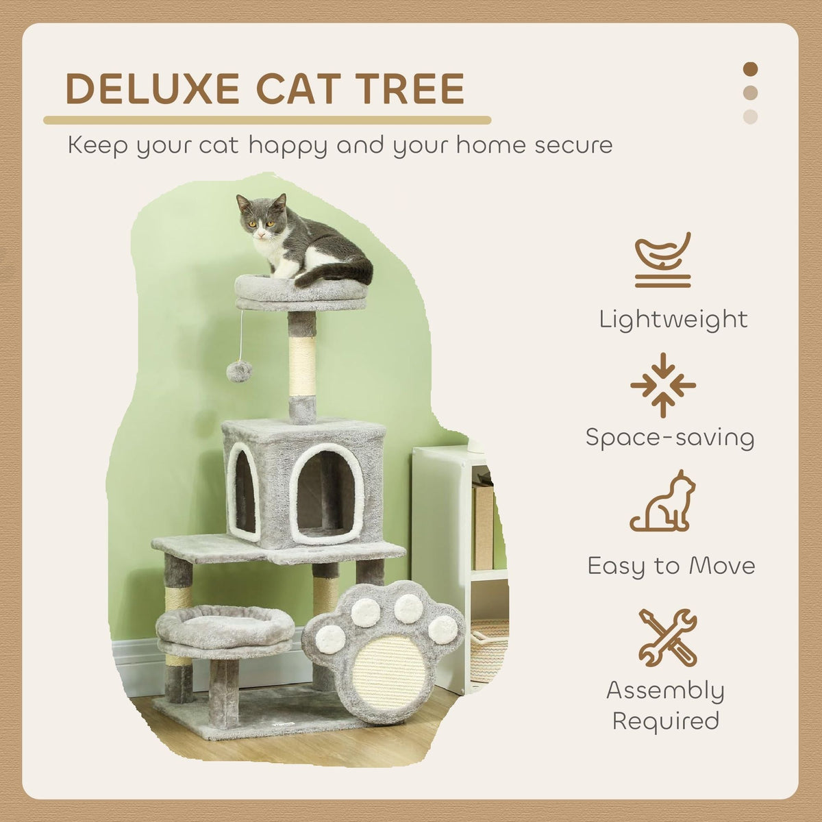 Large Cat Tree Tower for Indoor Cats with Plush Perch, Cat Condo, Natural Sisal Scratching Posts, Hanging Ball & Paw Scratcher-2050057520038416387