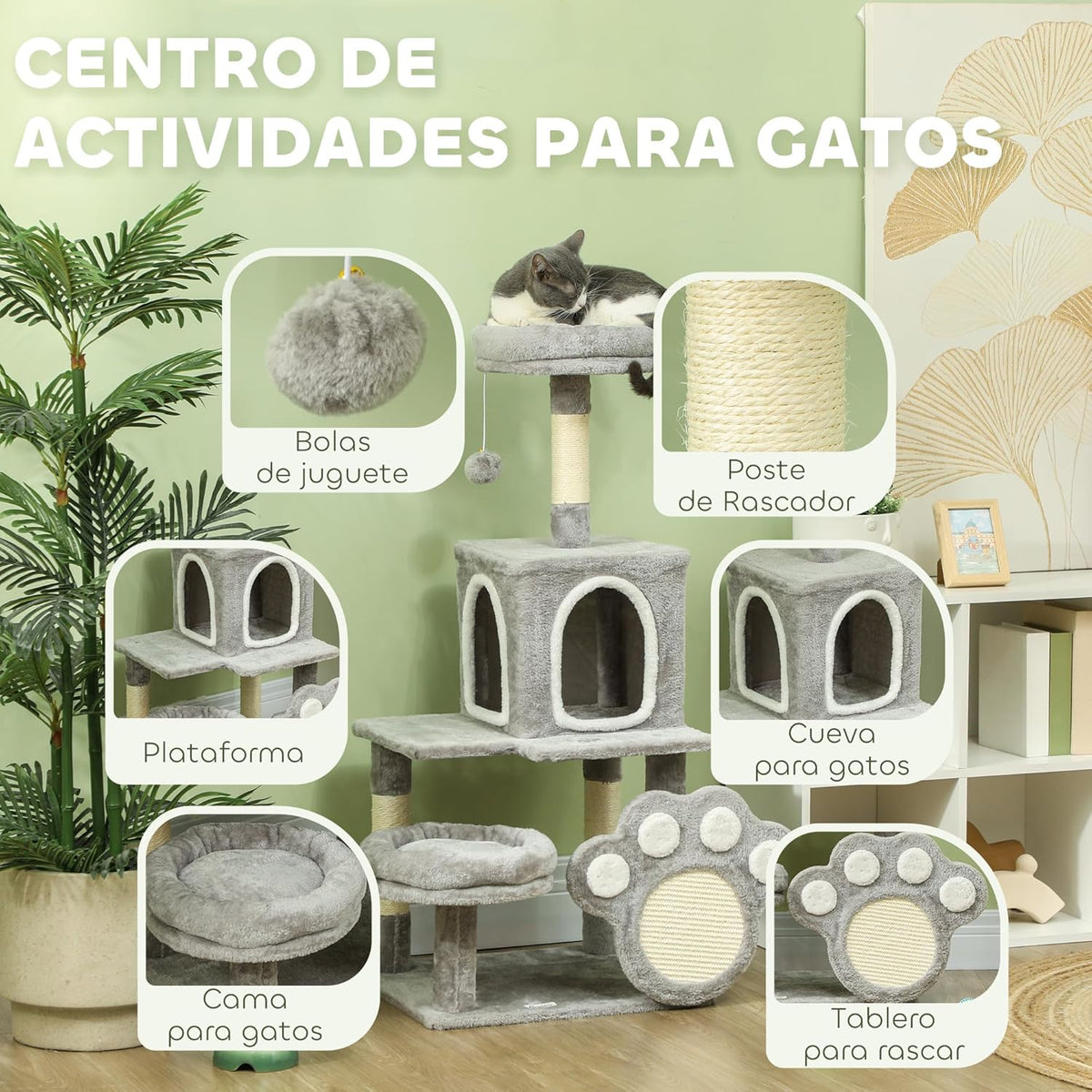 Large Cat Tree Tower for Indoor Cats with Plush Perch, Cat Condo, Natural Sisal Scratching Posts, Hanging Ball & Paw Scratcher-2050057520038416392
