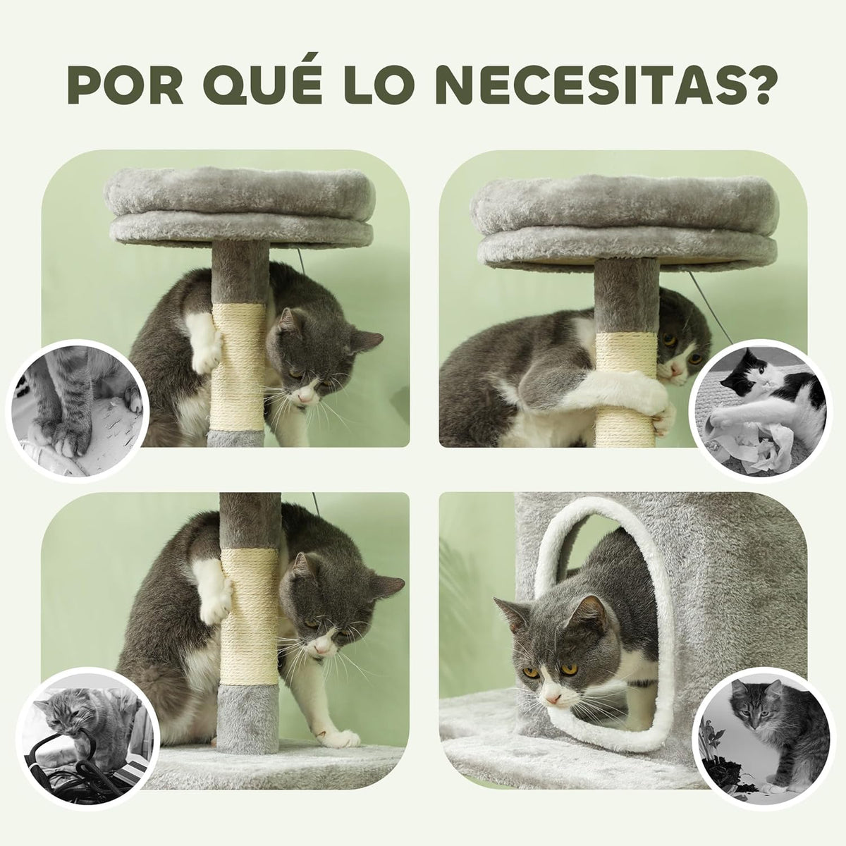 Large Cat Tree Tower for Indoor Cats with Plush Perch, Cat Condo, Natural Sisal Scratching Posts, Hanging Ball & Paw Scratcher-2050057520038416393