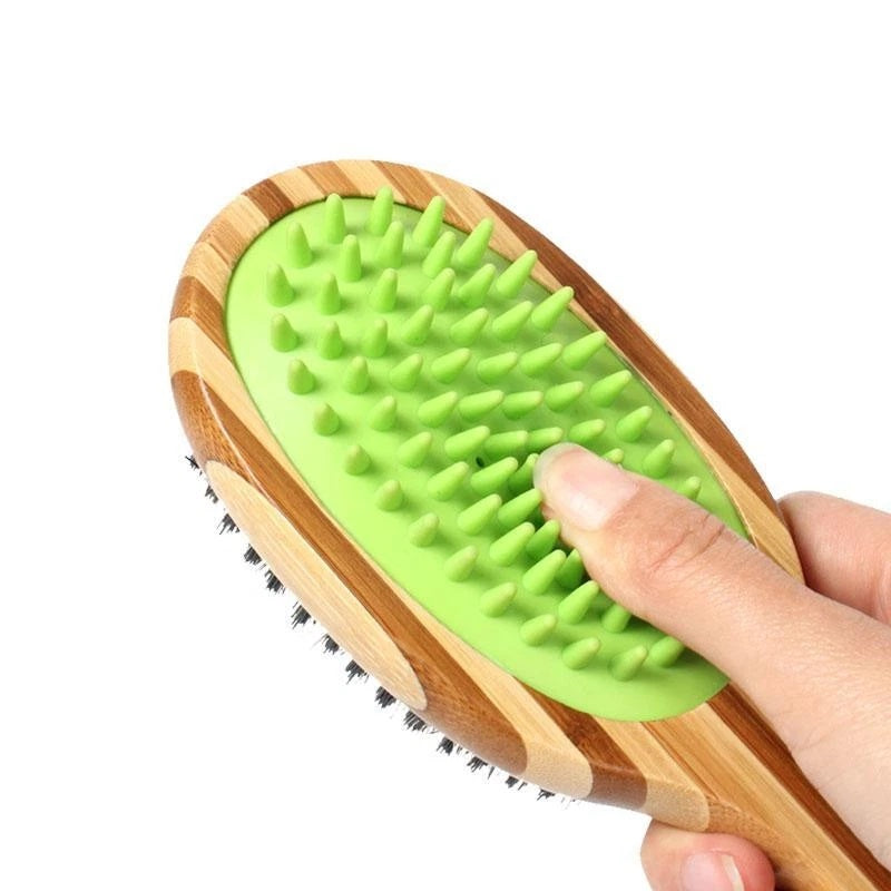 Double Sided Bamboo Dog Brush with Silicone Massager for Dog Grooming - image 5