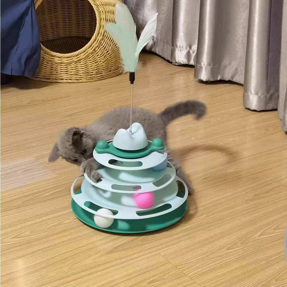 3 Level Cat Toy Kitten Rotating Feather Teaser Tower Interactive Funny Toys - image 2