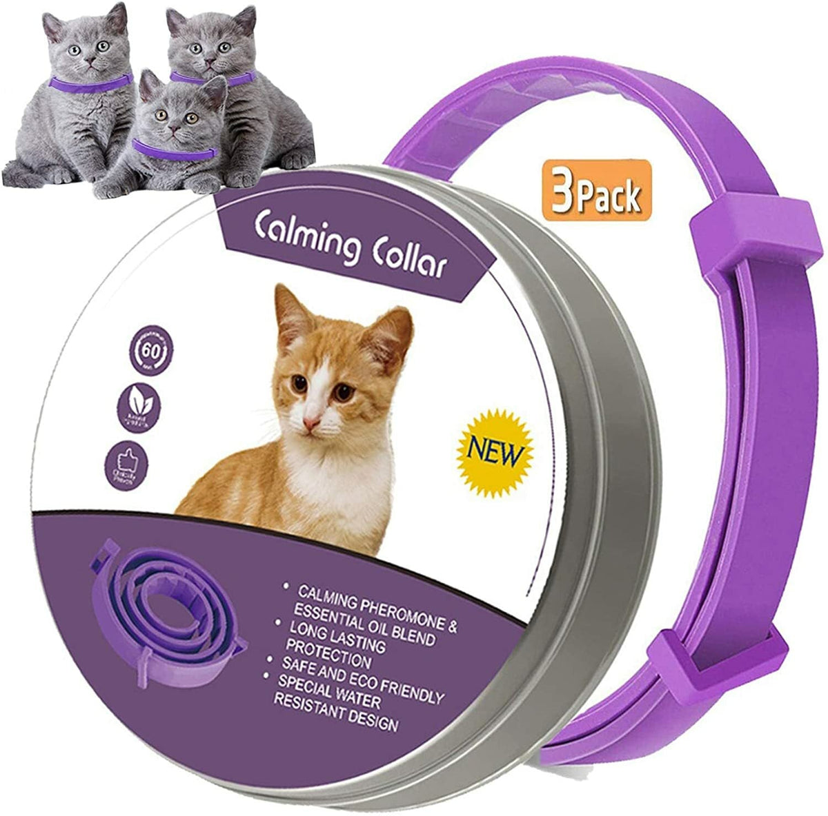 3-Pack Lavender Calming Collars for Cats – Adjustable 38cm